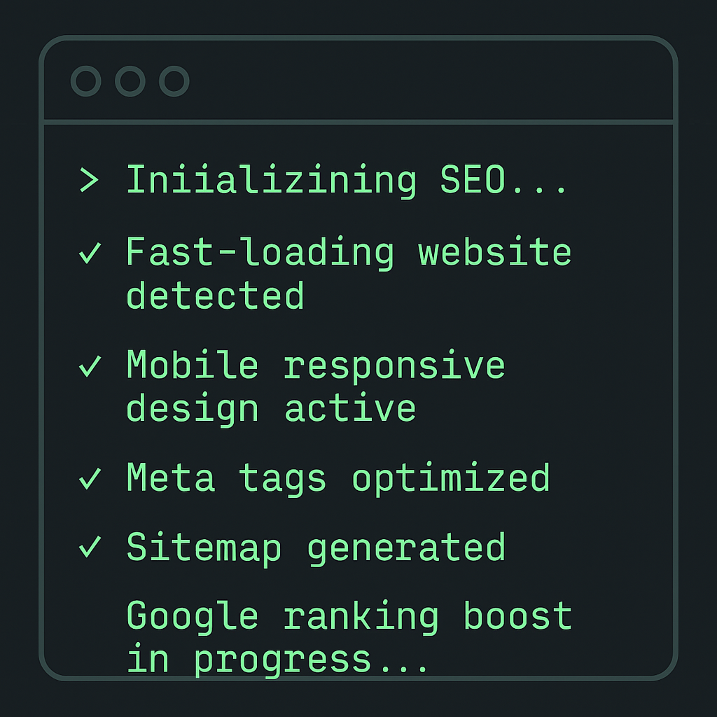 Terminal style graphic showing SEO checklist including fast-loading website, responsive design, meta tags, sitemap, and Google ranking boost.